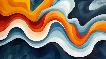 Blue and orange waves crash against a dark blue background.