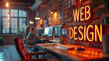 A modern web design office with developers working at desks, monitors displaying code. Clean layout with contemporary furniture, large windows, softbox lights. "WEB DESIGN" text on the wall;