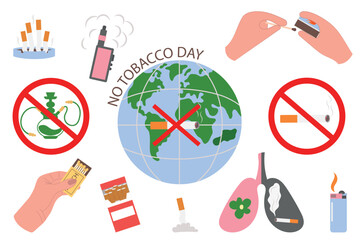 Set of elements about the dangers of smoking. Cigarettes, hookahs, vapes. A day without tobacco.