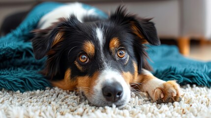 A cute Border Collie is lying on the carpet, looking up at the camera with its big, brown eyes
