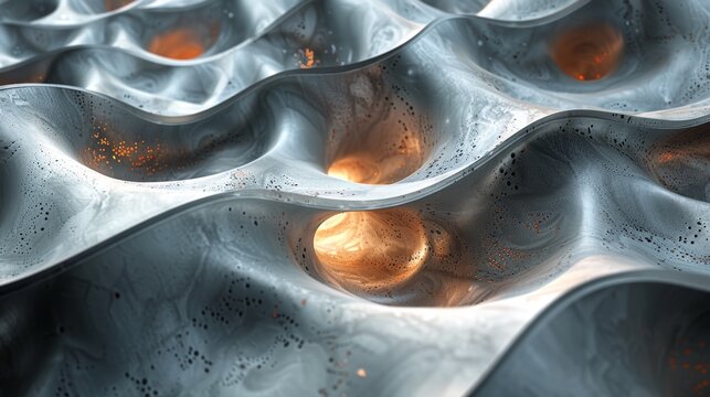 3D rendering of a bumpy metal surface with glowing yellow spheres.