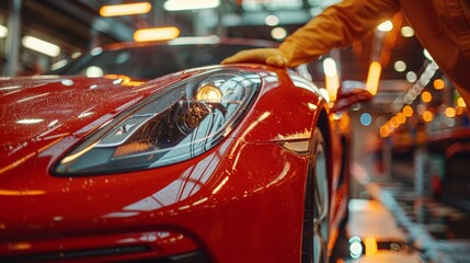 A sleek red sports car is being assembled in a factory.