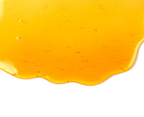Honey dripping, pouring, flowing over white background. Close-up. Healthy organic liquid sweet sticky honey dipping, isolated on white, closeup. Border design