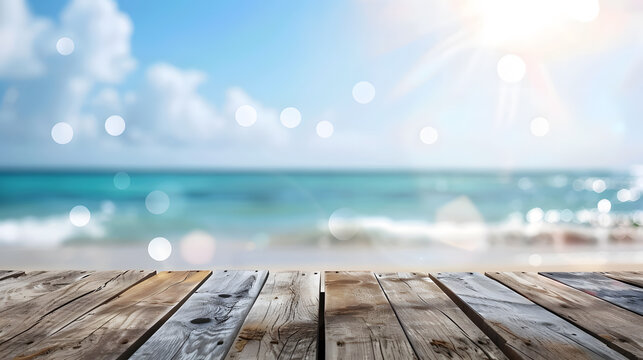 Wooden table top with blurred bokeh of sea and sky background for product display presentation concept, summer vacation banner template design