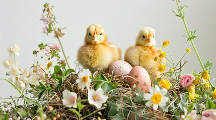 Flowers cute yellow chickens and Easter eggs in nest o