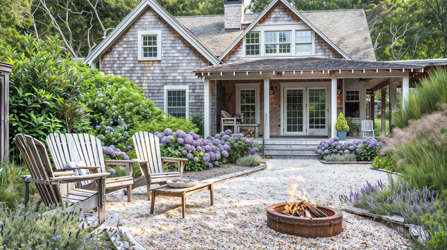 A Cape Cod style beach cottage with weathered shingles, hydrangea lined pathways, and a cozy fire pit 