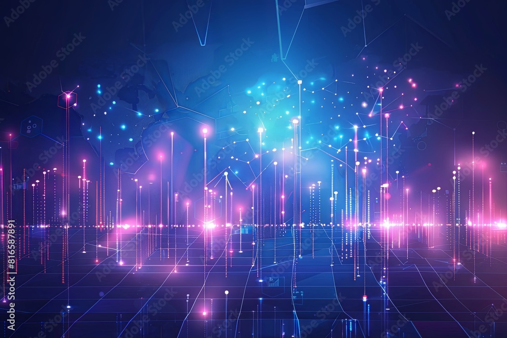 Poster blue and purple background with intersecting lines and glowing lights creating a dynamic and modern 