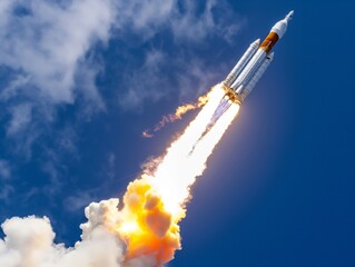 A powerful rocket launches into a clear blue sky, leaving a trail of fire and smoke. The image captures the intensity and excitement of space exploration and technological advancement