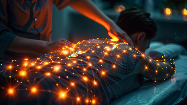 A man during a medical massage lying on a bed, the energy lines and the nervous system is highlighted by orange lights