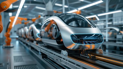 Fototapeta premium Assembling the electric car of the future with a modern automated robot arm