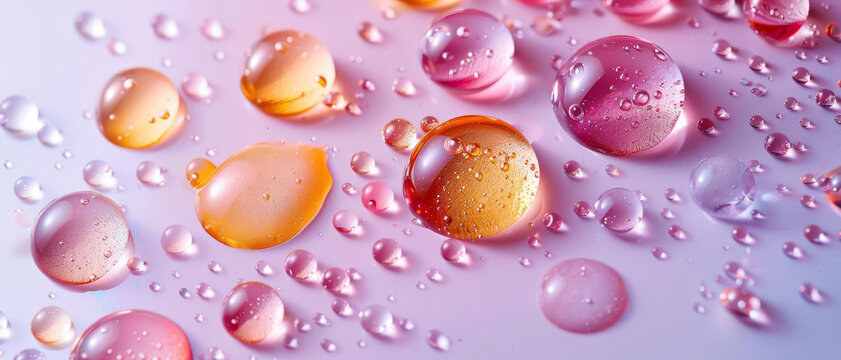 Elegant cosmetic cream oil with colorful drops and bubbles on a white backdrop infused with a pink hue for a bright