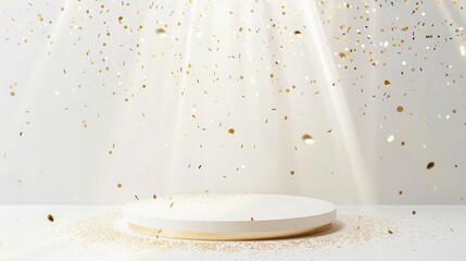 white podiums with falling golden  confetti on beige background, Elegant podiums for product, cosmetic presentation, Mock up, Pedestal, platform for beauty products, Empty, 3D Illustration