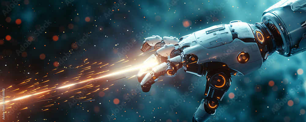 Poster in a minimalist composition, a sleek robotic ai hand propels a space rocket into the starry void, hi