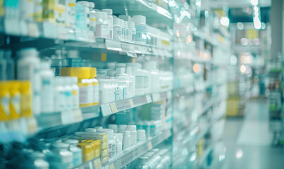 Shelves stocked with various medical products in a pharmacy, with a focus on the foreground creating a blurred background effect.
