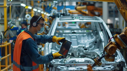 Engineer Quality Control with laptop in a Car Manufacturing