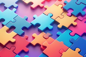 Various jigsaw puzzle pieces in different colors arranged on a vibrant, multicolored background