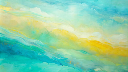 Vibrant Abstract Painting with Dynamic Brushstrokes: Fluid Landscape in Shades of Blue, Yellow, and Green for Modern Interior Design and Artistic Expression.