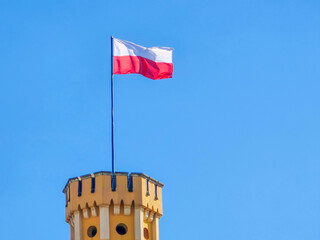 Polish flag on the tower in Wroclaw Poland