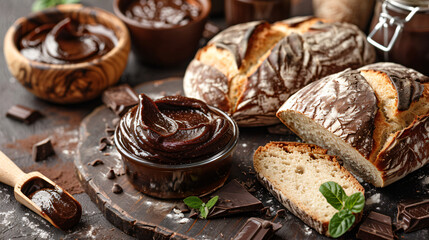 Fresh bread and chocolate paste on board closeup