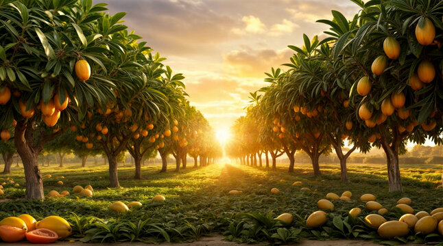 Scenic view of mango trees in a mango grove during sunset.
