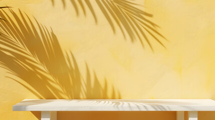 Yellow color background with a white wood table top and a palm leaf shadow for a product display presentation mockup. Summer concept background
