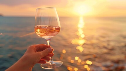 Woman hand holding glass of rose wine with sea and sunset at background