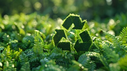 An illustration of a green recycling symbol against a backdrop of dense fern thickets. Sunlit summer rays shine on the ferns and the green recycling symbol amidst the  green moss.