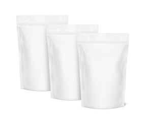 Realistic stand up pouch bag mockups set. Vector illustration isolated on white background. Easy to make a realistic mockup of your product. EPS10.