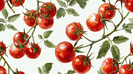 Illustration in vintage style of drawn cherry tomatoes with green leaves on a white background. Packaging paper design concept. Abstract background of watercolor-drawn cherry tomatoes.






