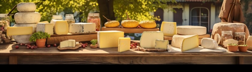 A variety of cheeses on a wooden table.