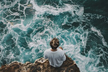 Fototapeta premium View from above of a man sitting on rocks and sea waves.