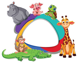 Naklejka premium Cartoon animals around a vibrant rainbow arch