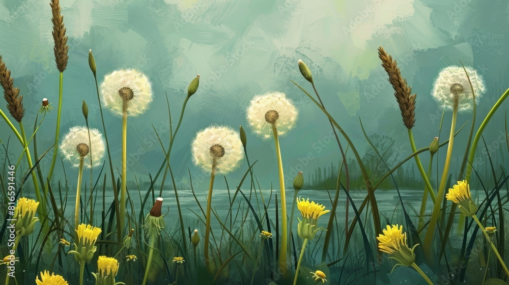 Poster dandelions and horsetails in a spring setting