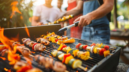 Friends cooking tasty food on barbecue grill outdoors