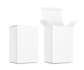 Realistic closed and open cardboard box mockup. Vector illustration isolated on white background. Taking your 2D designs into 3D. Can be use for medicine, food, cosmetic and other. EPS10.