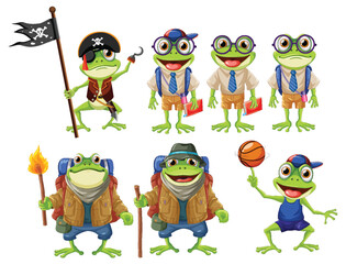 Illustration of frogs dressed in different costumes