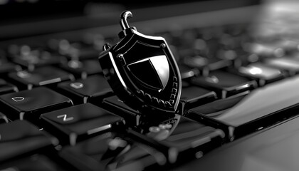 a lock in the shape of a shield that sits atop a laptop keyboard, Generate AI.