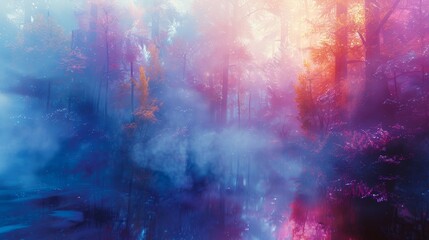 The photo shows a colorful forest with a blue lake in the foreground