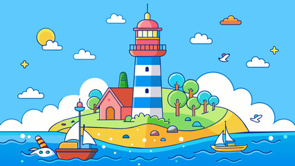 Colorful Seaside Landscape with Lighthouse and Sailing Boats