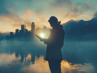 Obraz premium A silhouette of a person using a tablet by a calm lake with a city skyline and mountains in the background during sunrise, creating a serene and contemplative atmosphere
