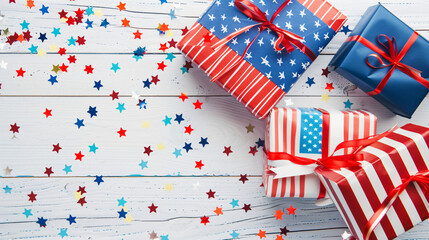 Gift boxes with USA flags and confetti on white wooden