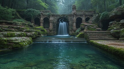 a natural waterfall pool with stone carved ruins integrated into the design, overgrown, cascades, dense forest, rocks and cliffs, appalacian, serene, Generate AI.