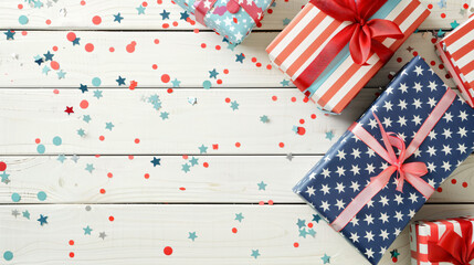 Gift boxes with USA flags and confetti on white wooden