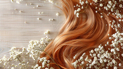 Ginger hair with beautiful gypsophila flowers on light - Powered by Adobe