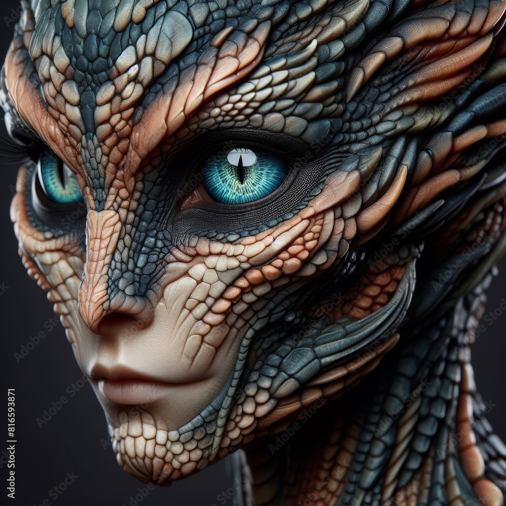 Poster a close-up of an alien face reveals captivating, intricate scale patterns and piercing blue eyes, ev