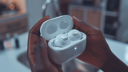 A close-up shot of unboxing a pair of wireless earbuds, with the sleek buds nestled inside their charging case like precious jewels waiting to be discovered, as the user's hands ea