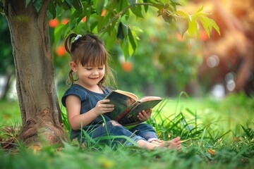 A young girl is sitting under a tree reading a book