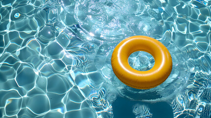 Yellow inflatable ring floating on blue water in a swimming pool, shown from above, in the style of a summer vacation concept