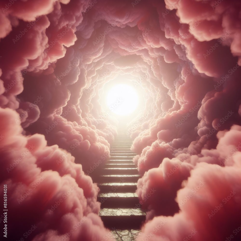 Aufkleber a stairway ascends through a tunnel of soft pink clouds towards a luminous circle of light, evoking 