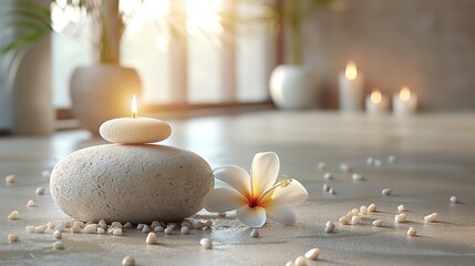 Zen stones, candles and white flowers on beige background with copy space, wellness and harmony, massage and bodycare, spa and wellness concepts